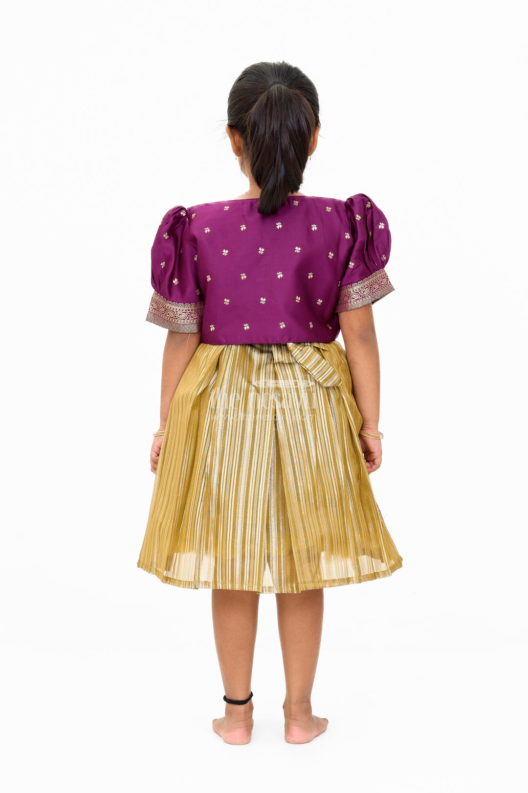 Traditional Girls Silk Party Frock with Gold Zari Skirt and Embroidered Shrug