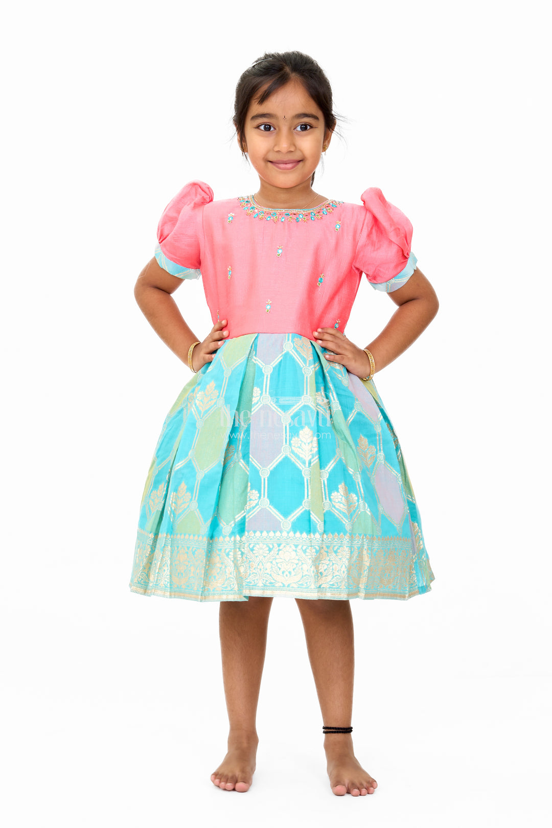 Girls Blend Silk Party Frock with Stone Embellished Neckline and Contrast Skirt