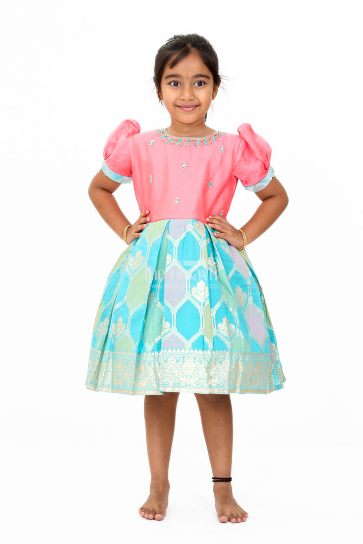 Girls Blend Silk Party Frock with Stone Embellished Neckline and Contrast Skirt