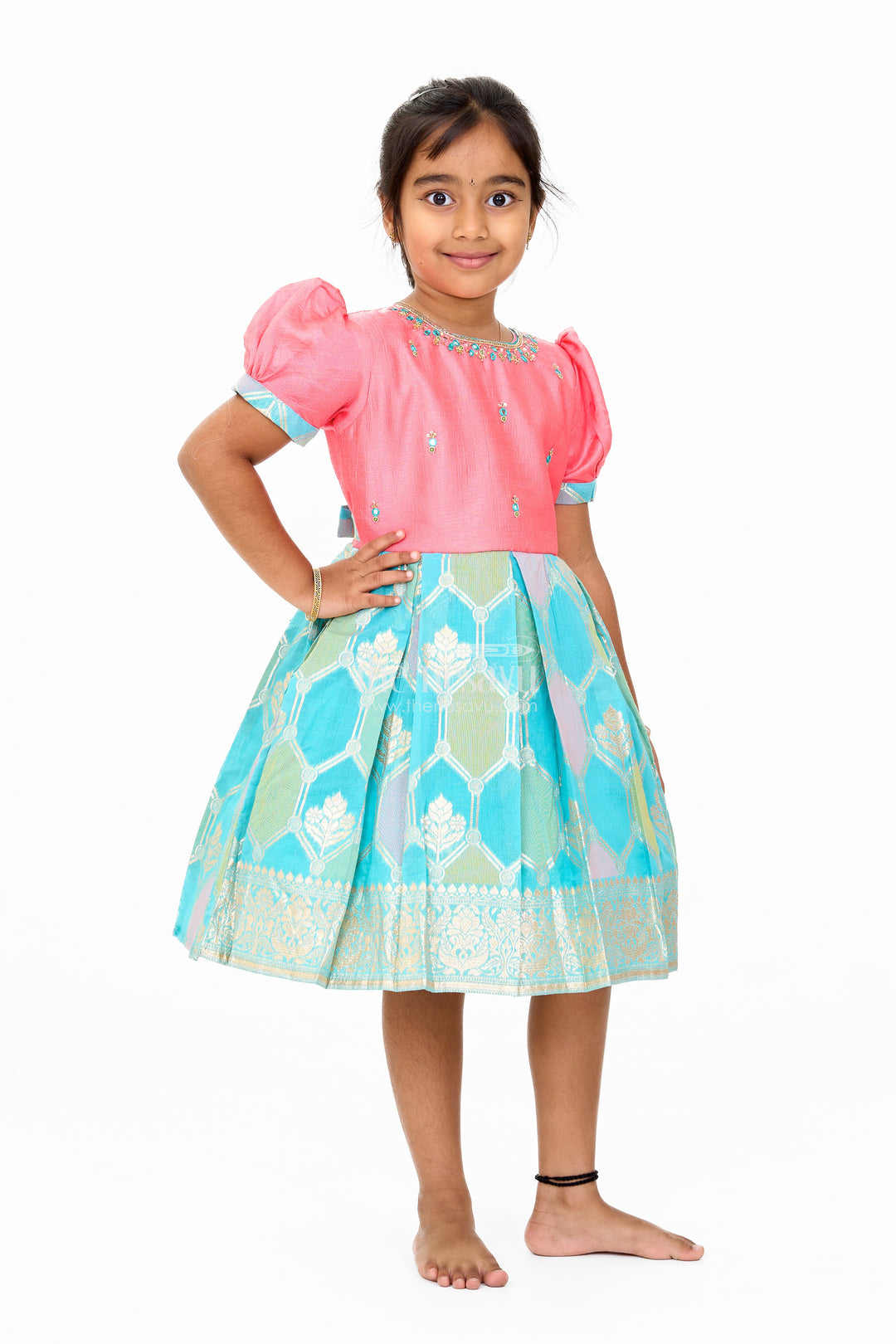 Girls Blend Silk Party Frock with Stone Embellished Neckline and Contrast Skirt