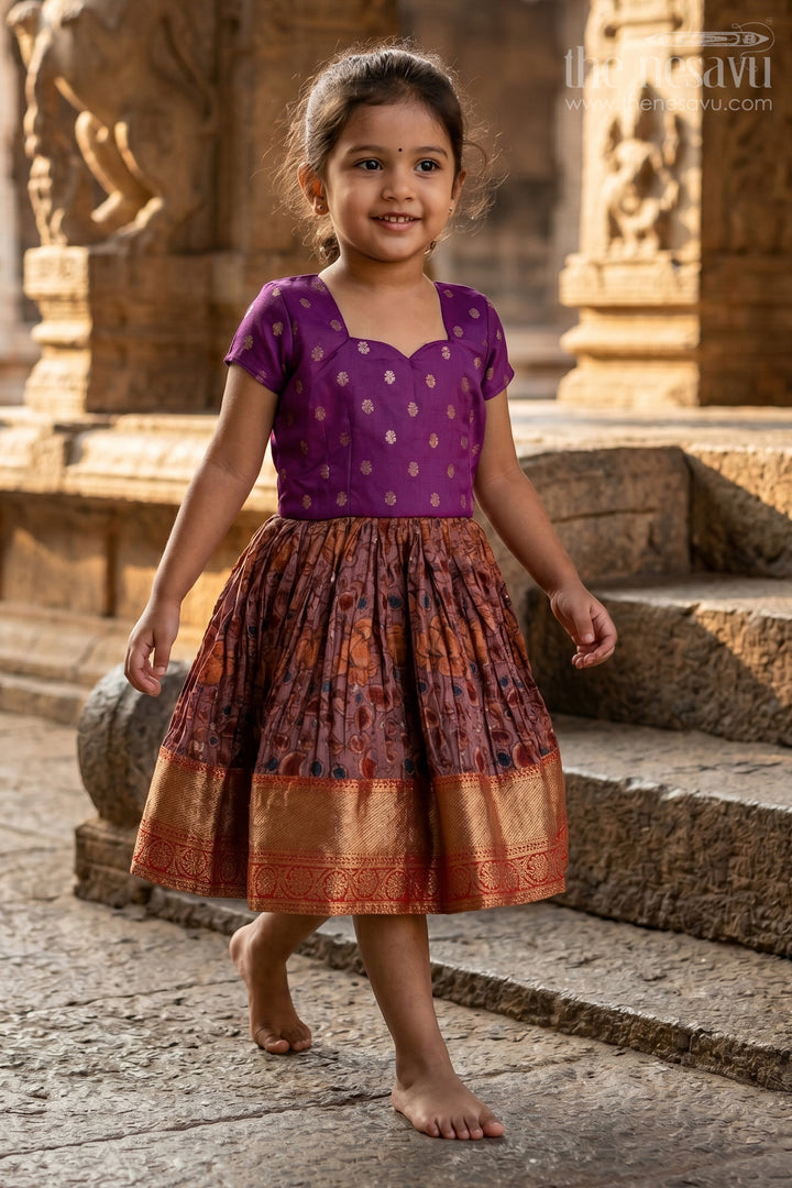 Girls Purple Traditional Dress with Chinon Silk Pleated Skirt and Elegant Zari Border