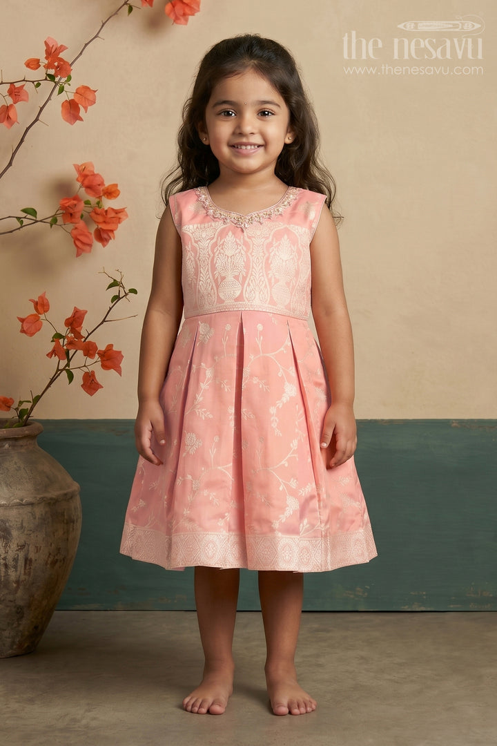 Charming Girls Short Silk Frock in Gold Tissue Banarasi Jacquard with Embroidered Yoke