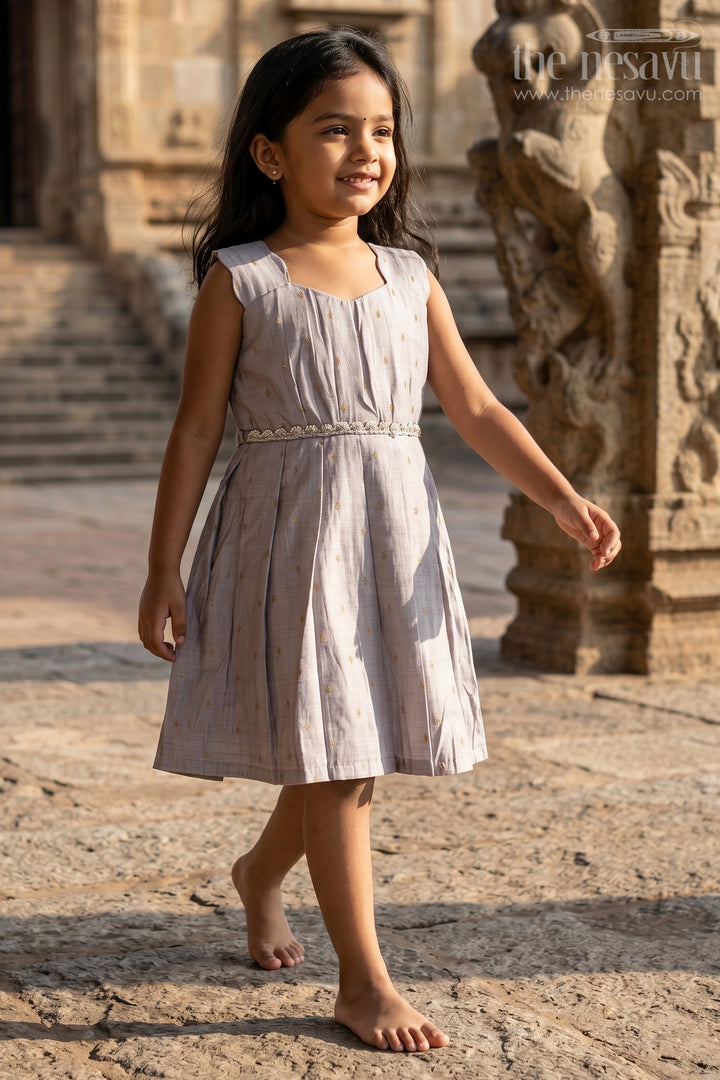 Girls Viscose Silk Frock in Elegant Grey with Pleated Skirt and Waist Embellishment in Plain Color Frock Style