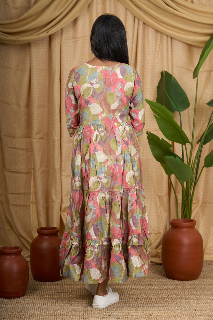 Pink Cotton Slub Flared Kurtha with Delicate Floral Pattern and Flowing Design for Women