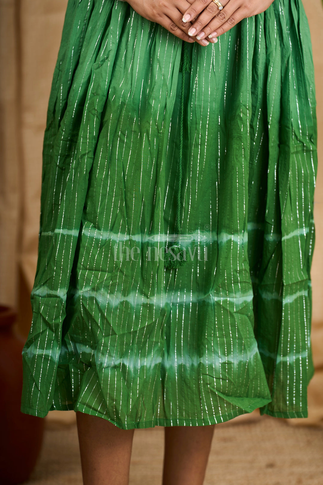 Green Cotton Tie-Dye Flared Maxi Dress for Women with White Patterns