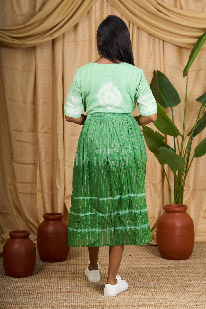 Green Cotton Tie-Dye Flared Maxi Dress for Women with White Patterns