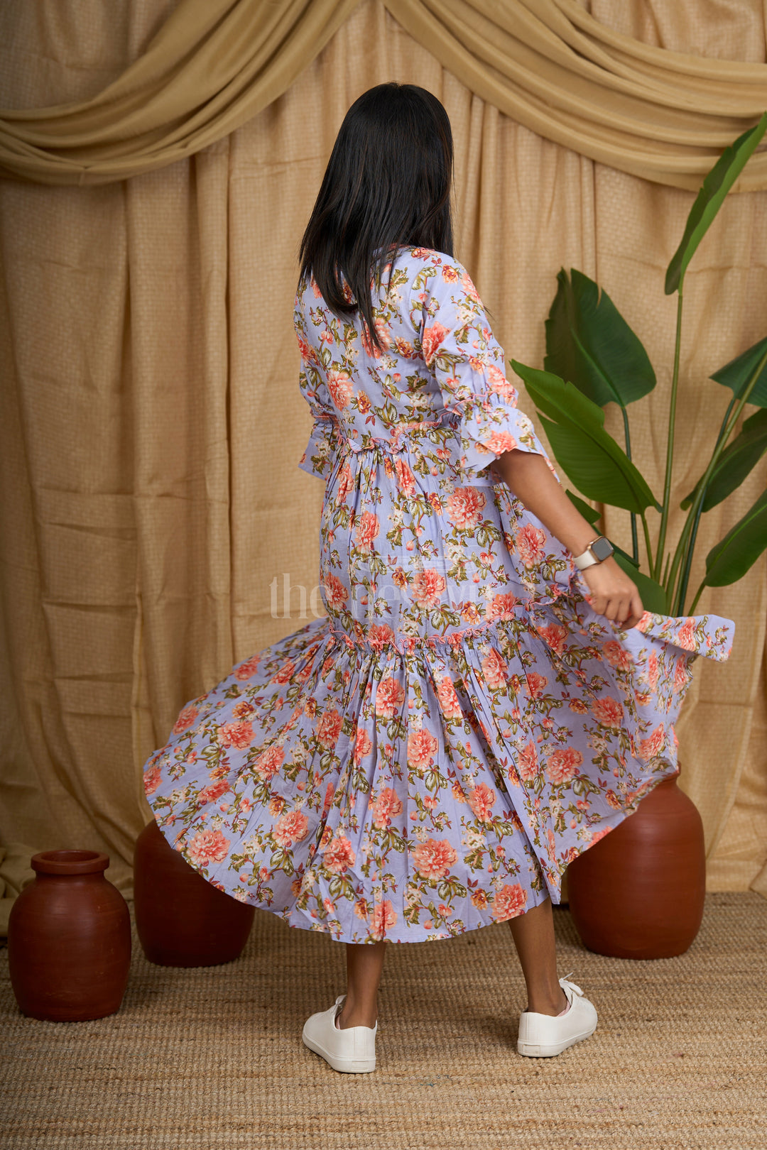 Blue Floral Cotton Maxi Dress with Ruffled Sleeves and Striped Pattern