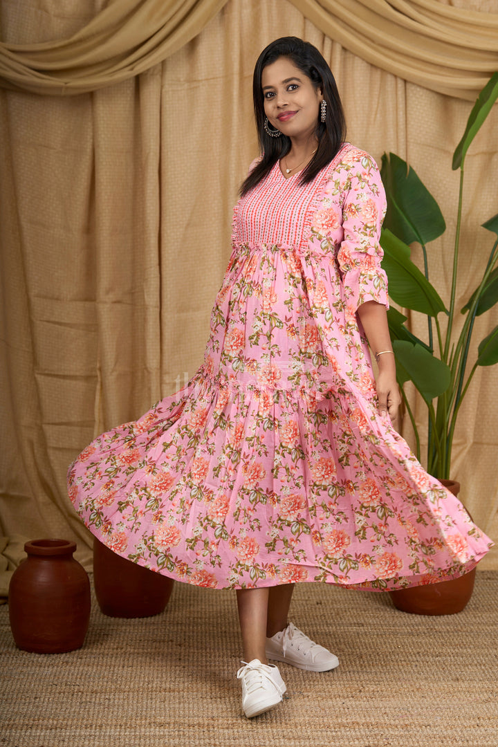 Pink Striped Cotton Maxi Dress with Floral Inner Lining and Ruffled Sleeves