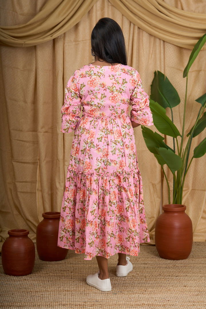 Pink Striped Cotton Maxi Dress with Floral Inner Lining and Ruffled Sleeves