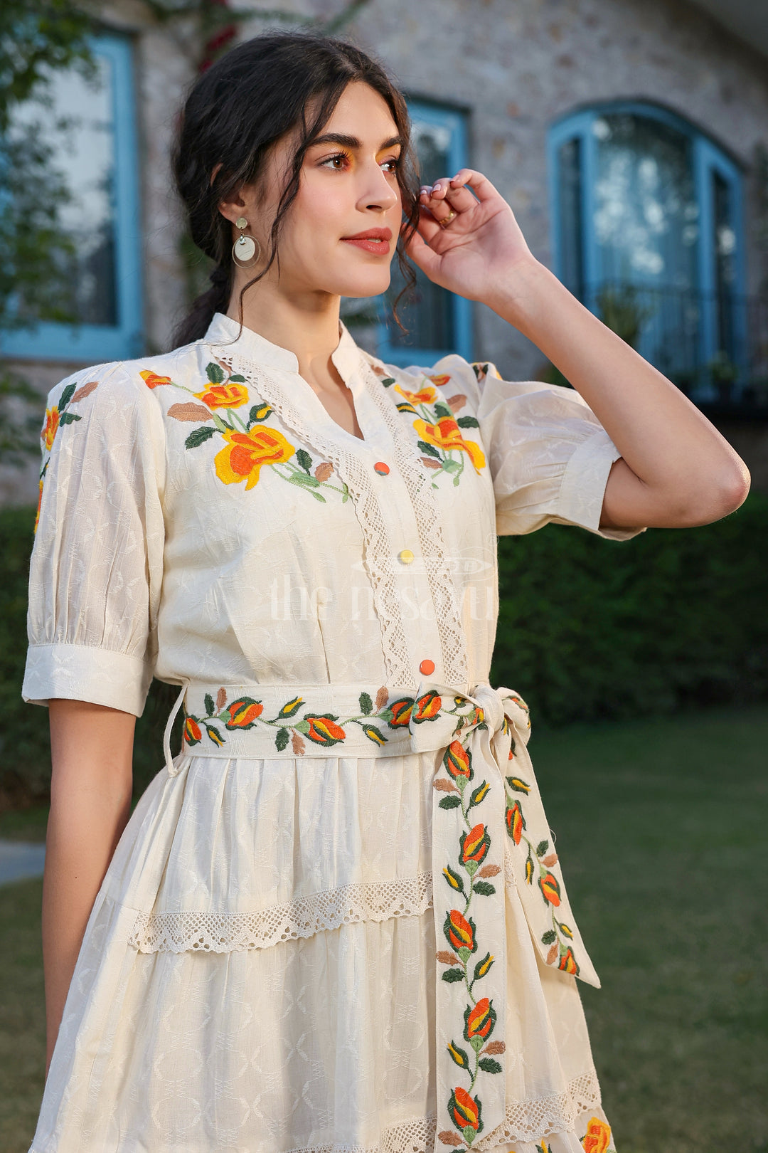 Floral Embroidered Women’s Designer Dress in Ivory with Lace Detailing and Belted Waist