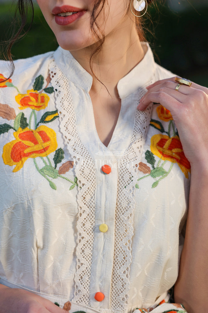 Floral Embroidered Women’s Designer Dress in Ivory with Lace Detailing and Belted Waist