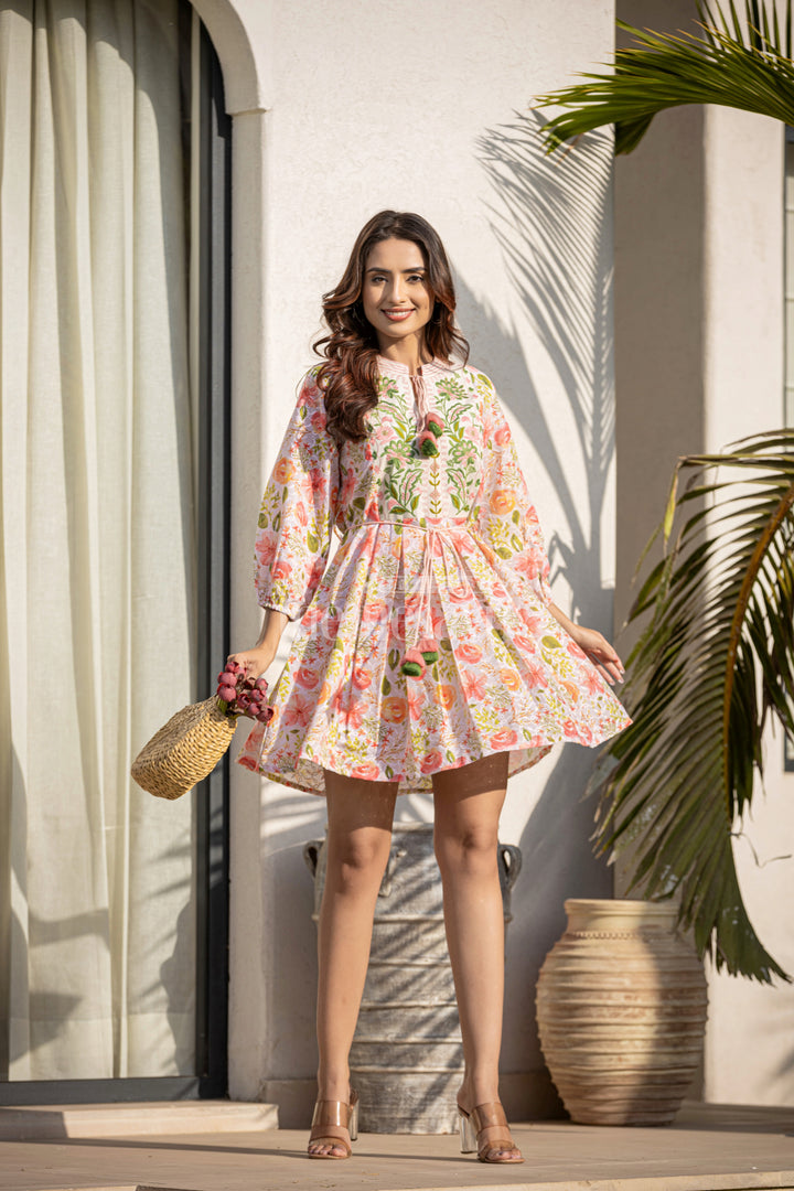 Charming Cotton Birthday Party Wear for Ladies with Floral Print and Belted Waist