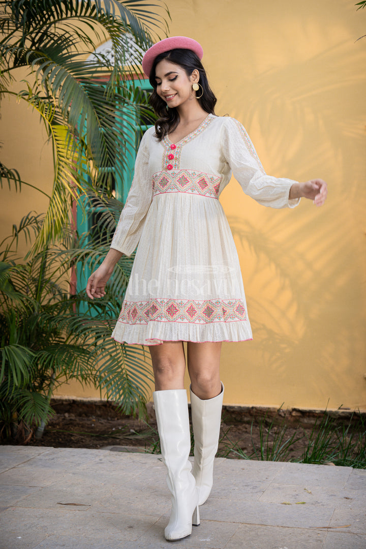 Elegant White Flared Kurtha for Women with Festive Red Embroidery