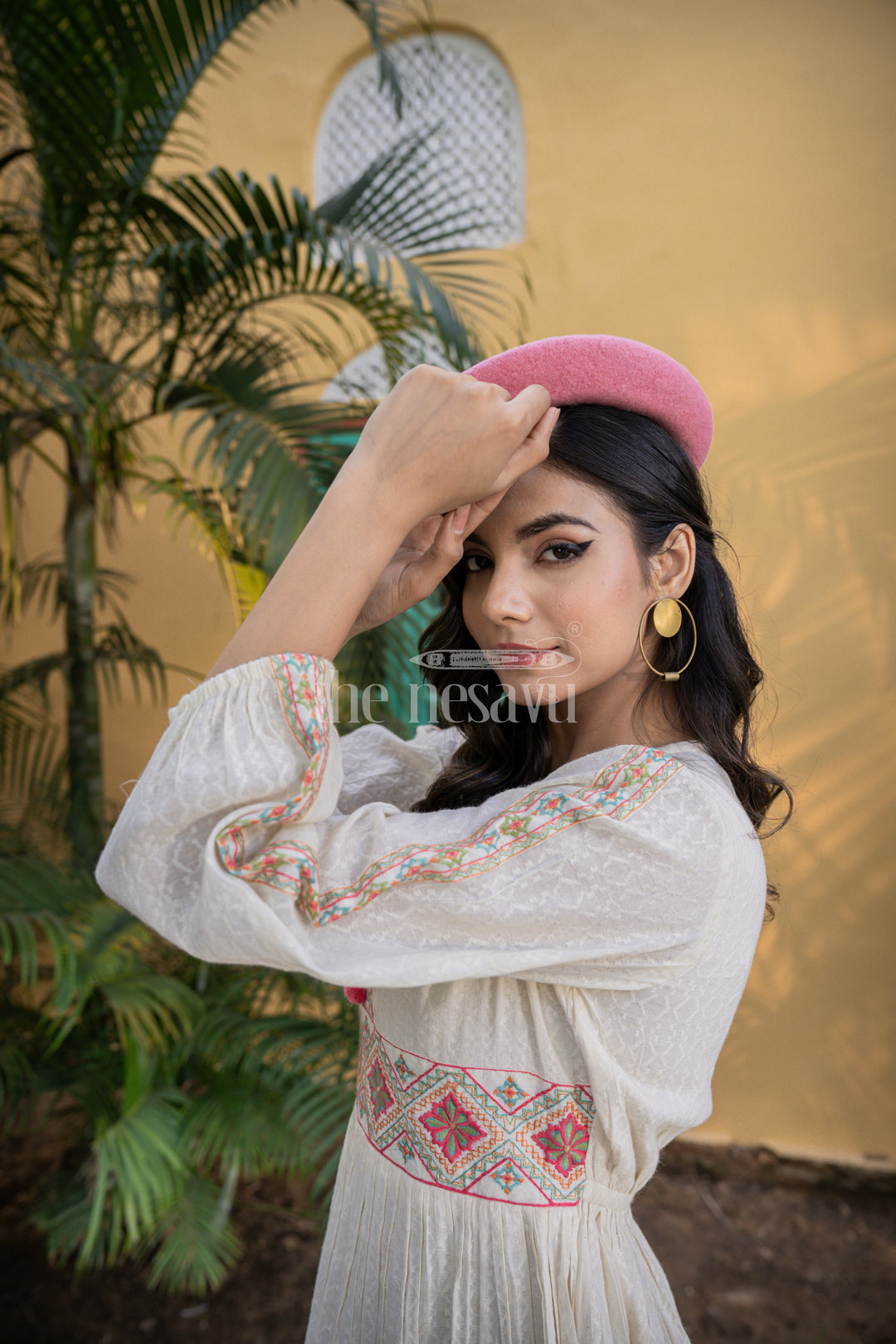 Elegant White Flared Kurtha for Women with Festive Red Embroidery