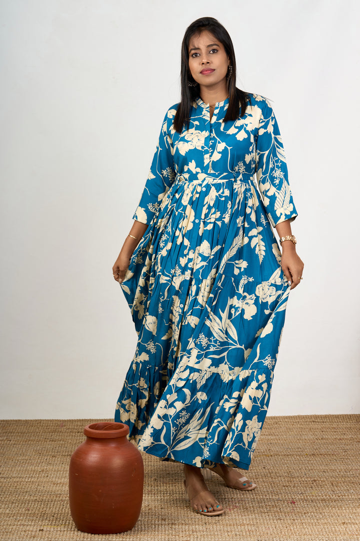 Charming Blue Birthday Dress for Women in Crepe with Elegant Floral Patterns