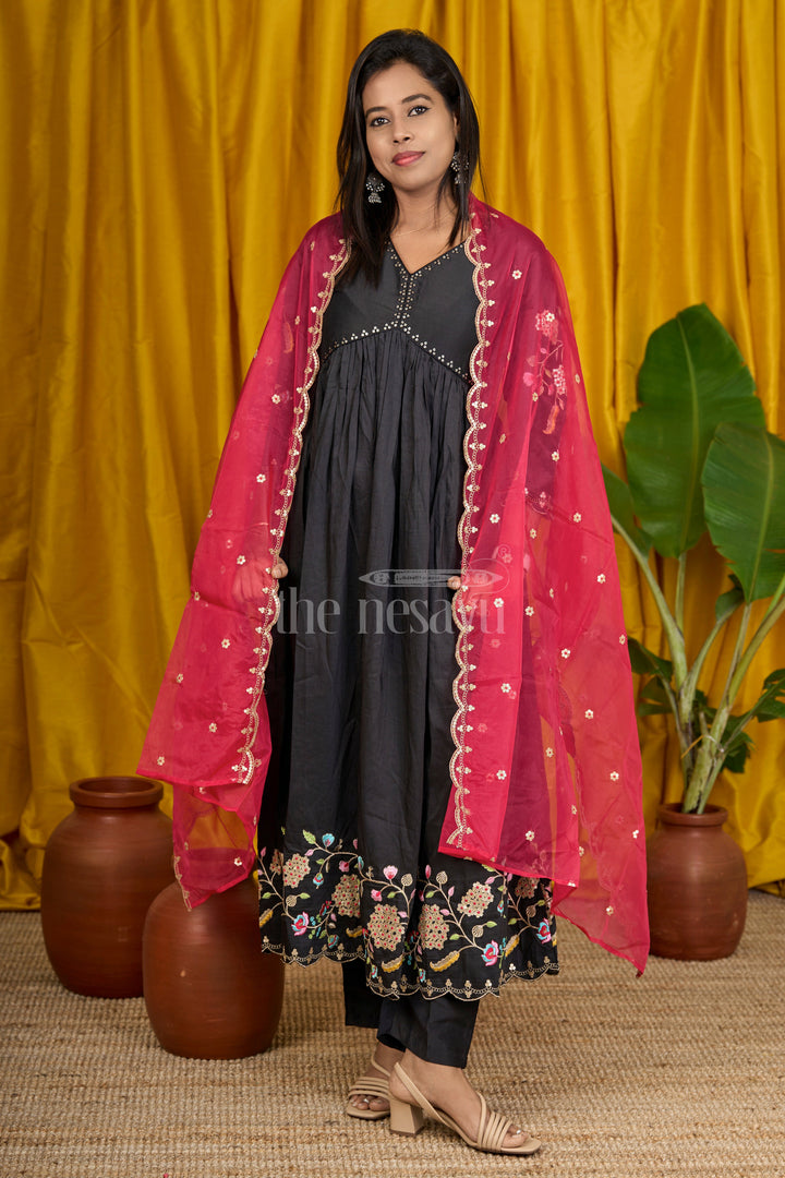 Women's Black Blended Silk Anarkali Suit Set with Floral Embroidery and Bell Sleeves