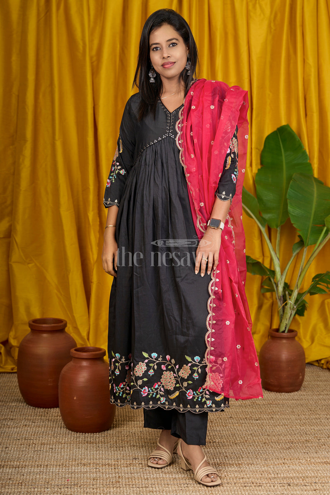 Women's Black Blended Silk Anarkali Suit Set with Floral Embroidery and Bell Sleeves