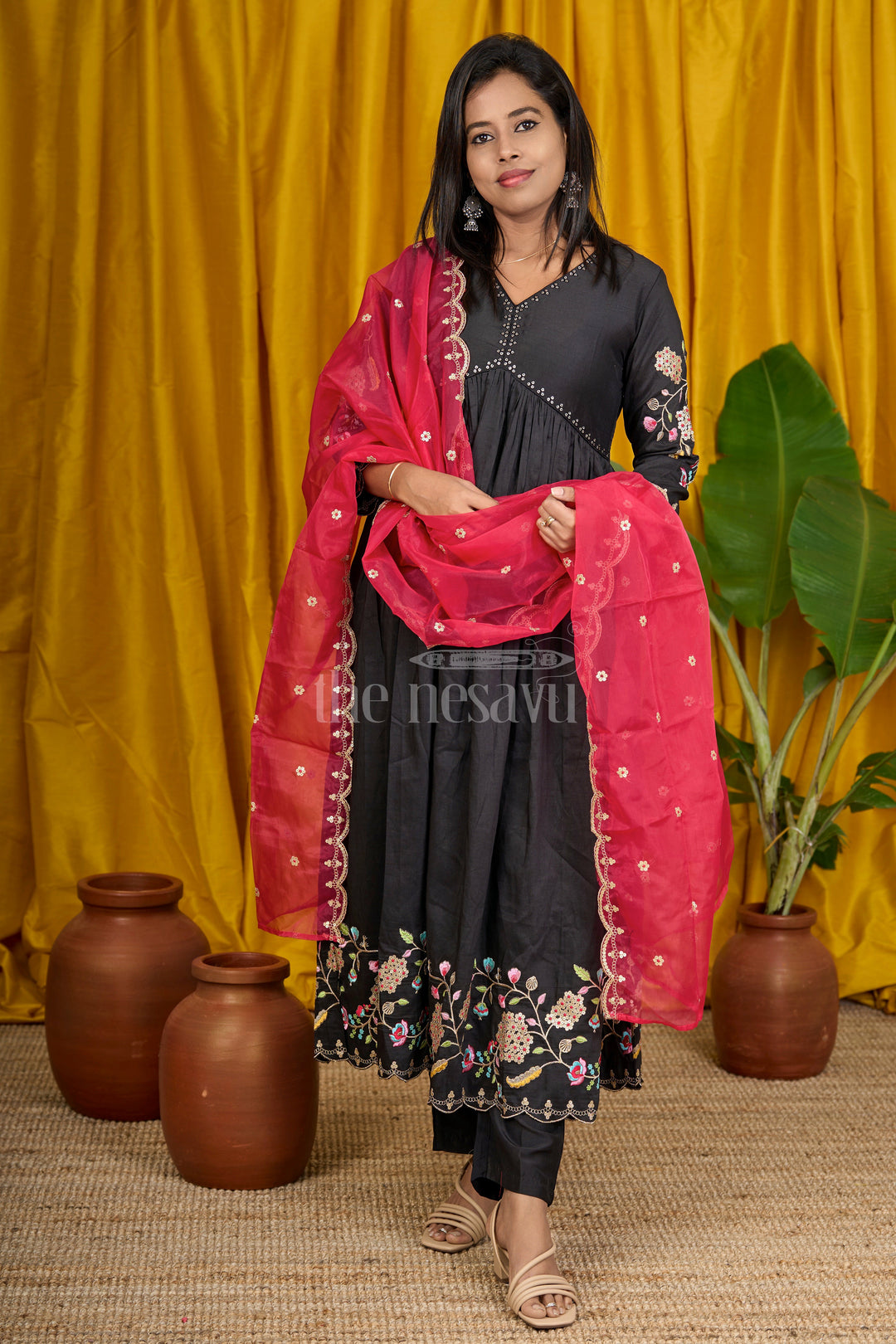 Women's Black Blended Silk Anarkali Suit Set with Floral Embroidery and Bell Sleeves