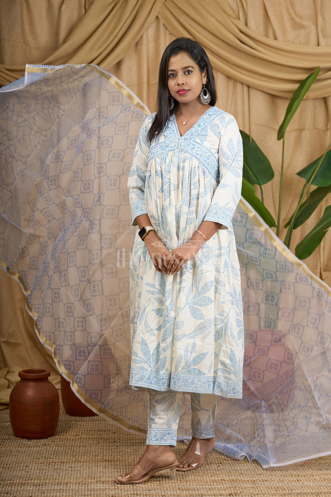 Women's Half-White Modal Silk Anarkali Set with Blue Leaf Motifs and Floral Border