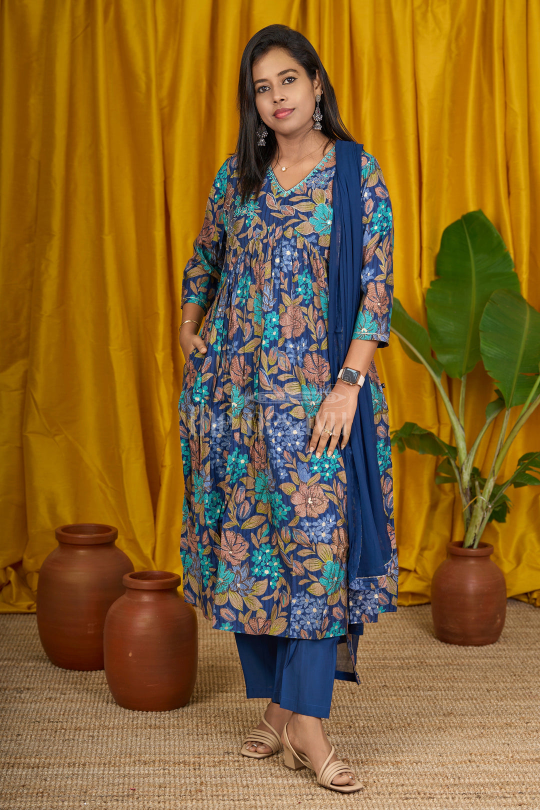 Navy Blue Viscose Muslin Silk Anarkali Suit Set with Bold Floral Print and Embellished V-Neck for Women