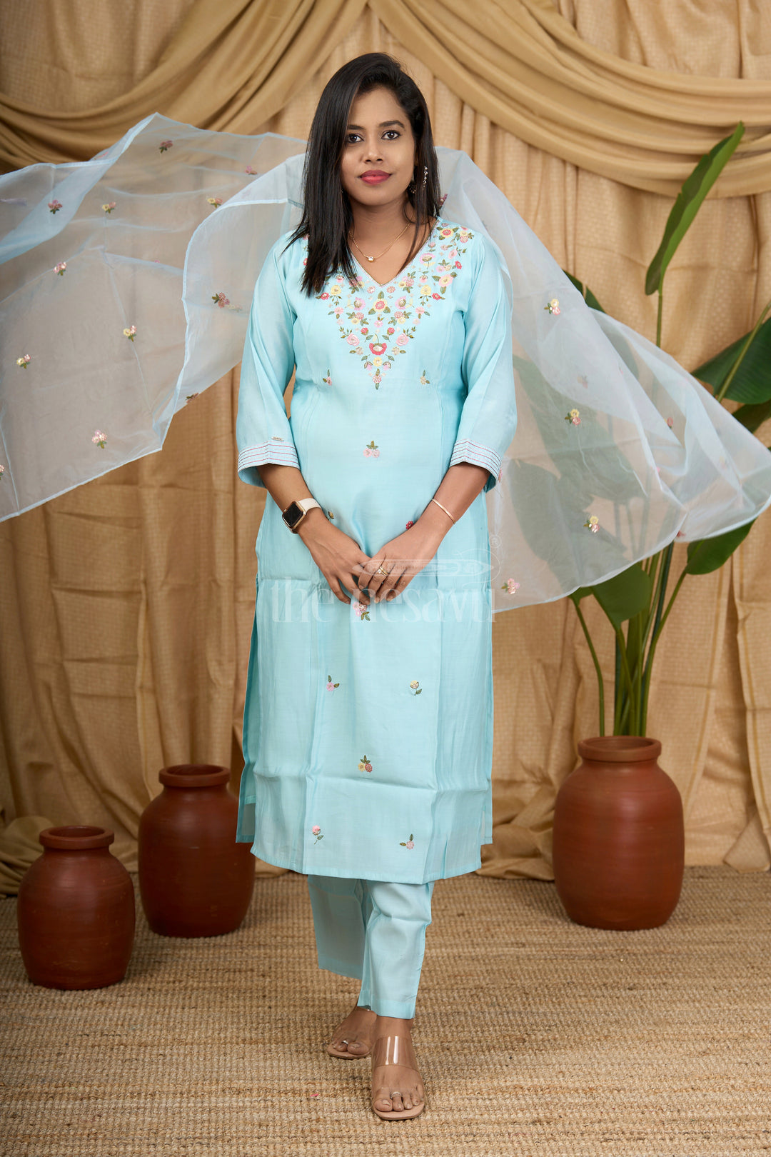 Soft Blue Viscose Muslin Silk Straight Suit Set with Delicate Floral Embroidery for Women