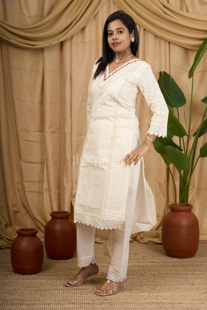 Cream Cotton Embroidered Kurti Set with Mirror Work Detailing and Lace Trim for Women