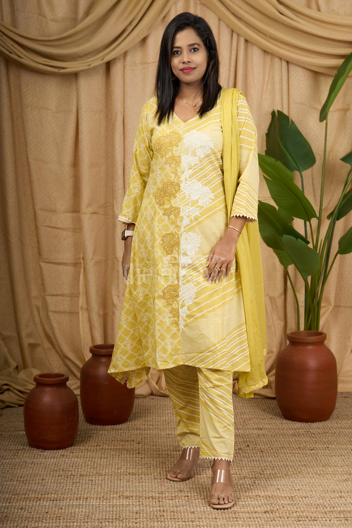 Mustard Yellow Cotton Kurti Set with Gold Floral Embroidery and Striped Dupatta for Women