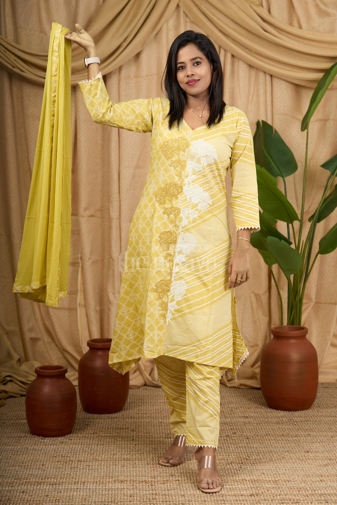 Mustard Yellow Cotton Kurti Set with Gold Floral Embroidery and Striped Dupatta for Women