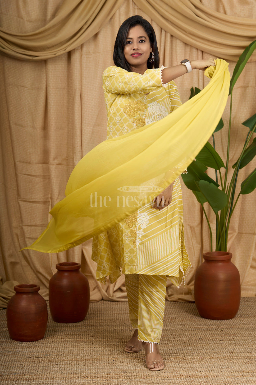 Mustard Yellow Cotton Kurti Set with Gold Floral Embroidery and Striped Dupatta for Women