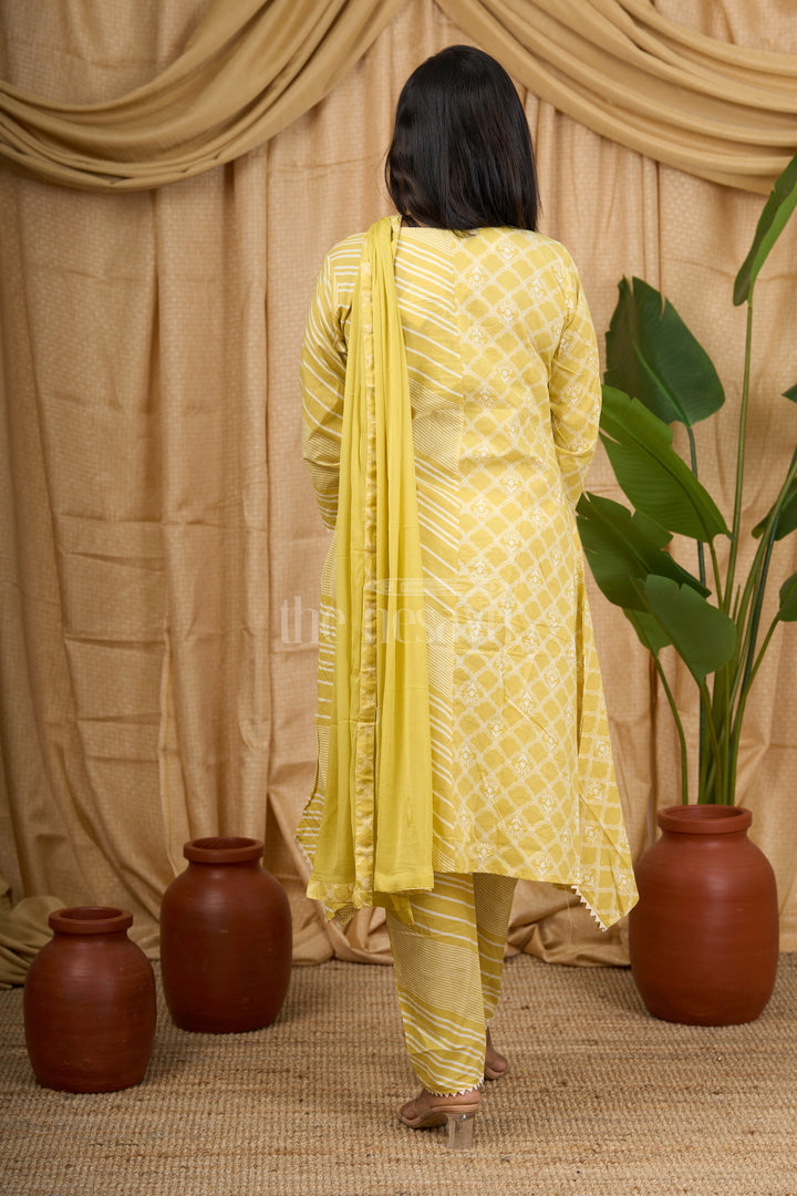 Mustard Yellow Cotton Kurti Set with Gold Floral Embroidery and Striped Dupatta for Women