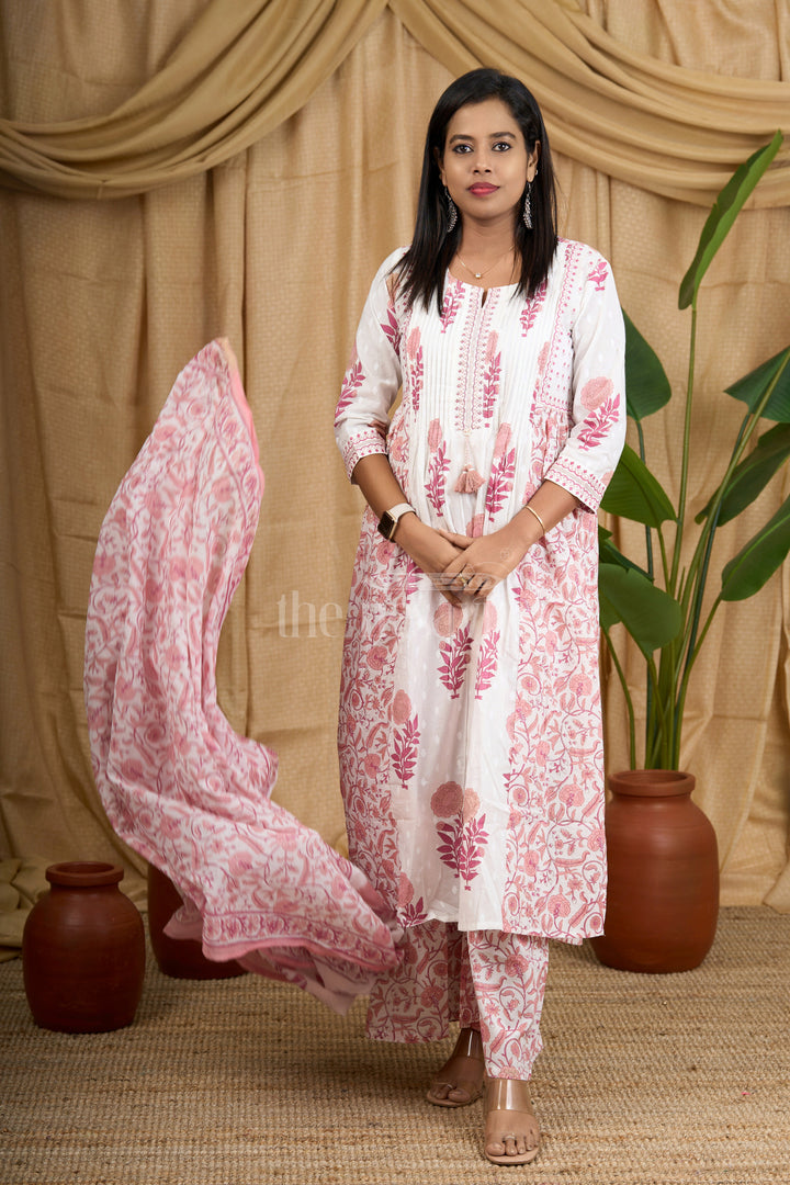 Pink Jaipuri Cotton Kurti Set with Elegant Pleated Tassel Detailing and Coordinated Floral Bottom for Women