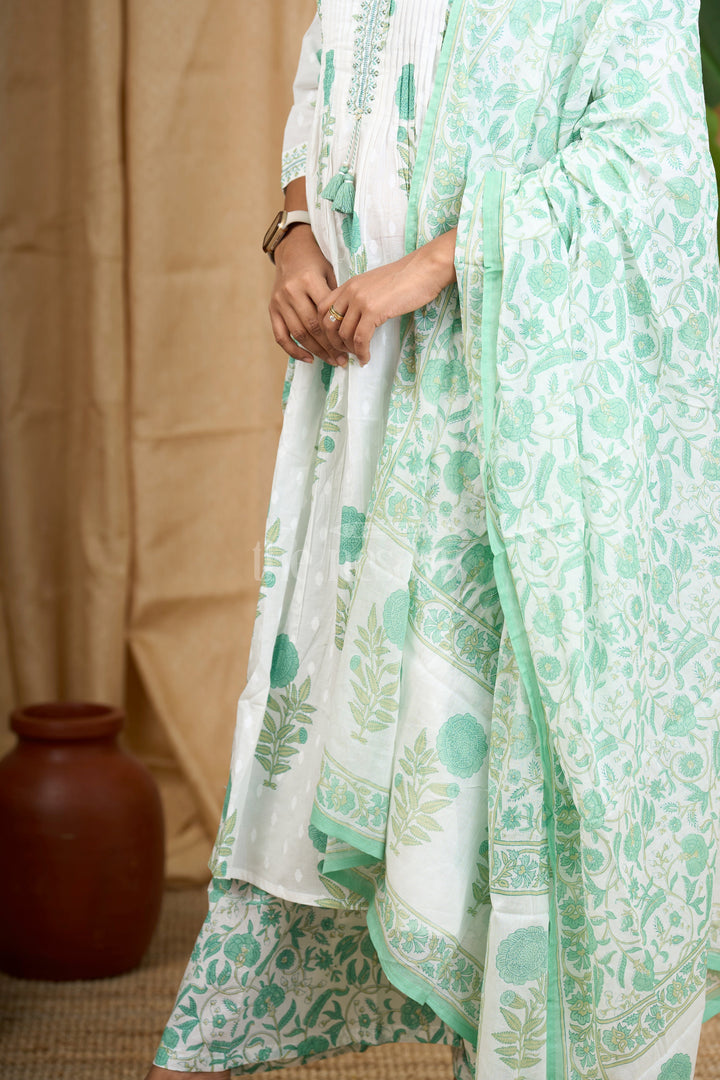 Green Jaipuri Cotton Kurti Set with Floral Patterns and Elegant Tassel Detailing for Women