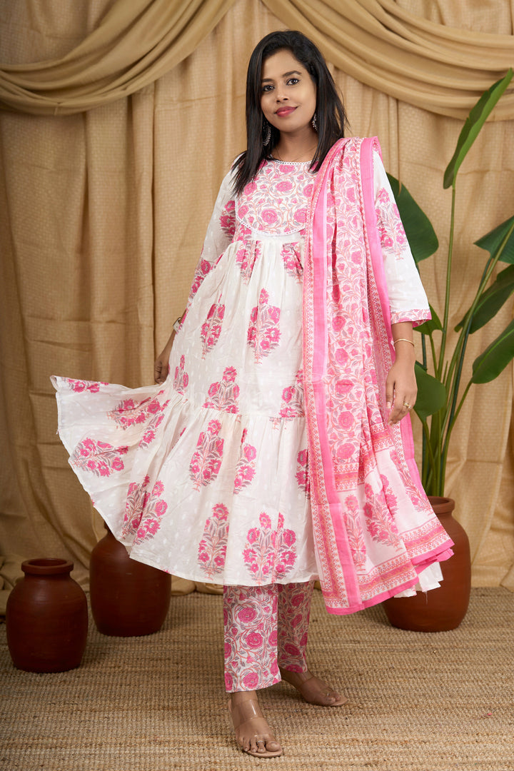 Pink Jaipuri Cotton Flared Kurti Set with Vibrant Red Floral Design and Matching Dupatta for Women