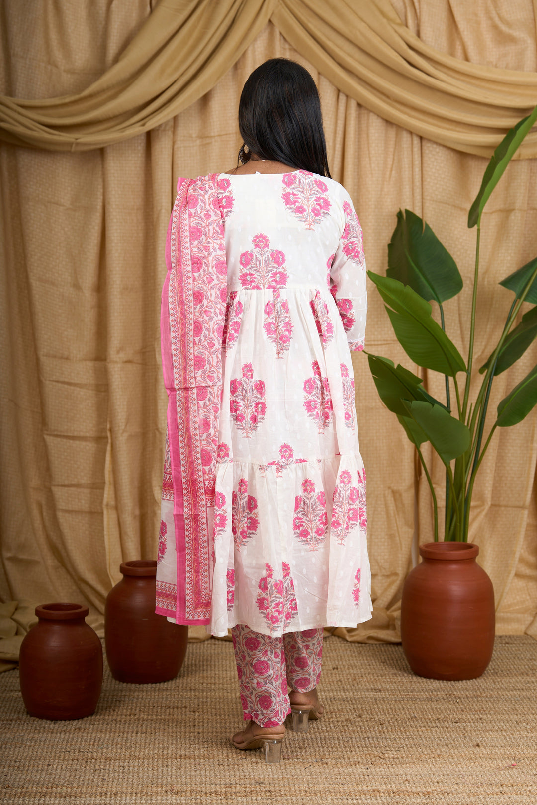 Pink Jaipuri Cotton Flared Kurti Set with Vibrant Red Floral Design and Matching Dupatta for Women