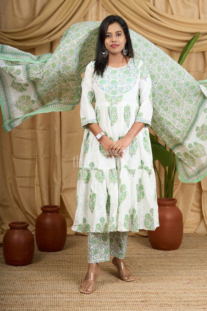 Green Jaipuri Cotton Flared Kurti Set with Elegant Floral Pattern and Matching Dupatta for Women