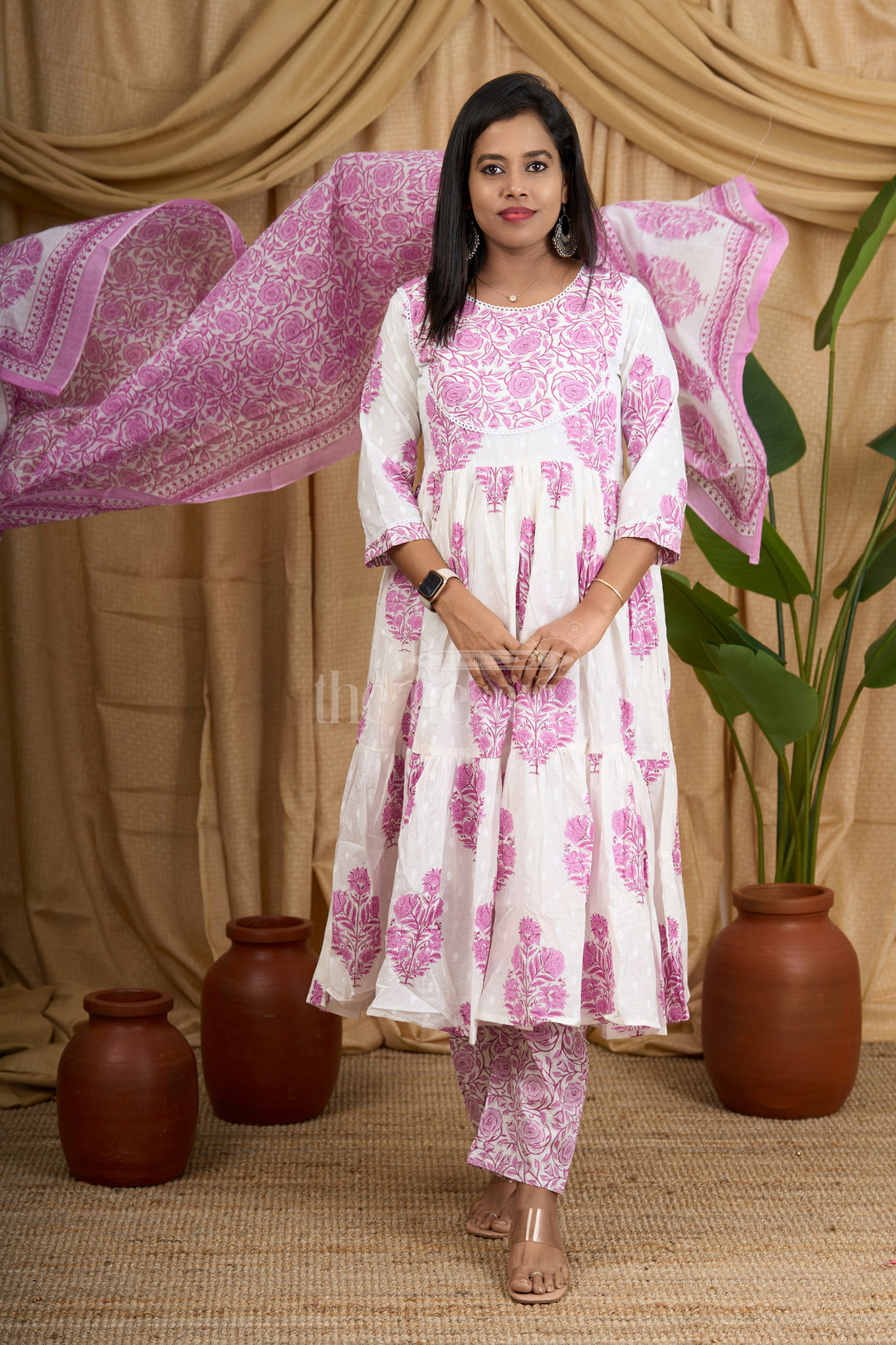 Purple Jaipuri Cotton Flared Kurti Suit Set with Intricate Floral Prints and Matching Bottom for Women