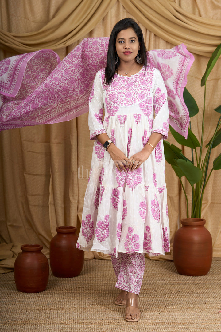 Purple Jaipuri Cotton Flared Kurti Suit Set with Intricate Floral Prints and Matching Bottom for Women