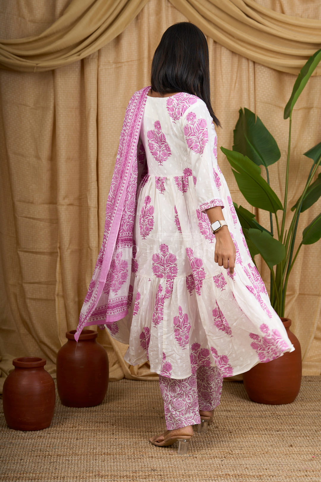 Purple Jaipuri Cotton Flared Kurti Suit Set with Intricate Floral Prints and Matching Bottom for Women