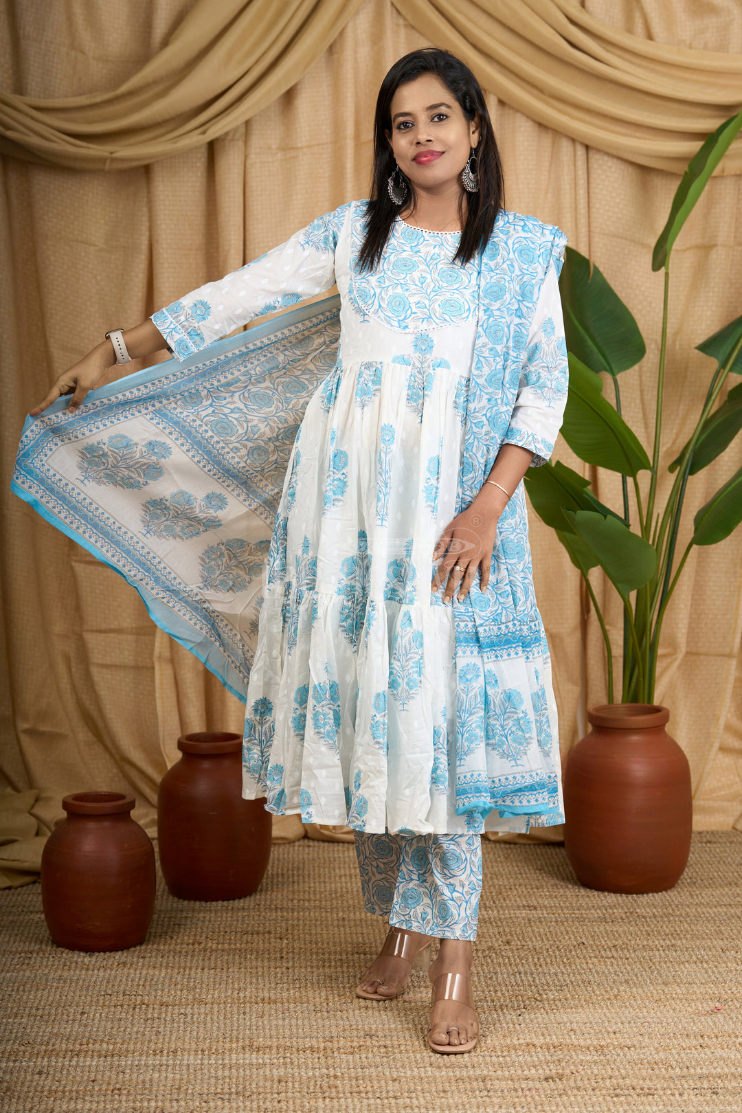 Blue Jaipuri Cotton Flared Kurti Suit Set with Teal Floral Pattern and Coordinated Bottom for Women