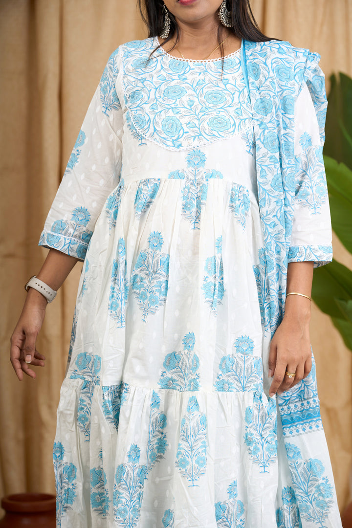 Blue Jaipuri Cotton Flared Kurti Suit Set with Teal Floral Pattern and Coordinated Bottom for Women