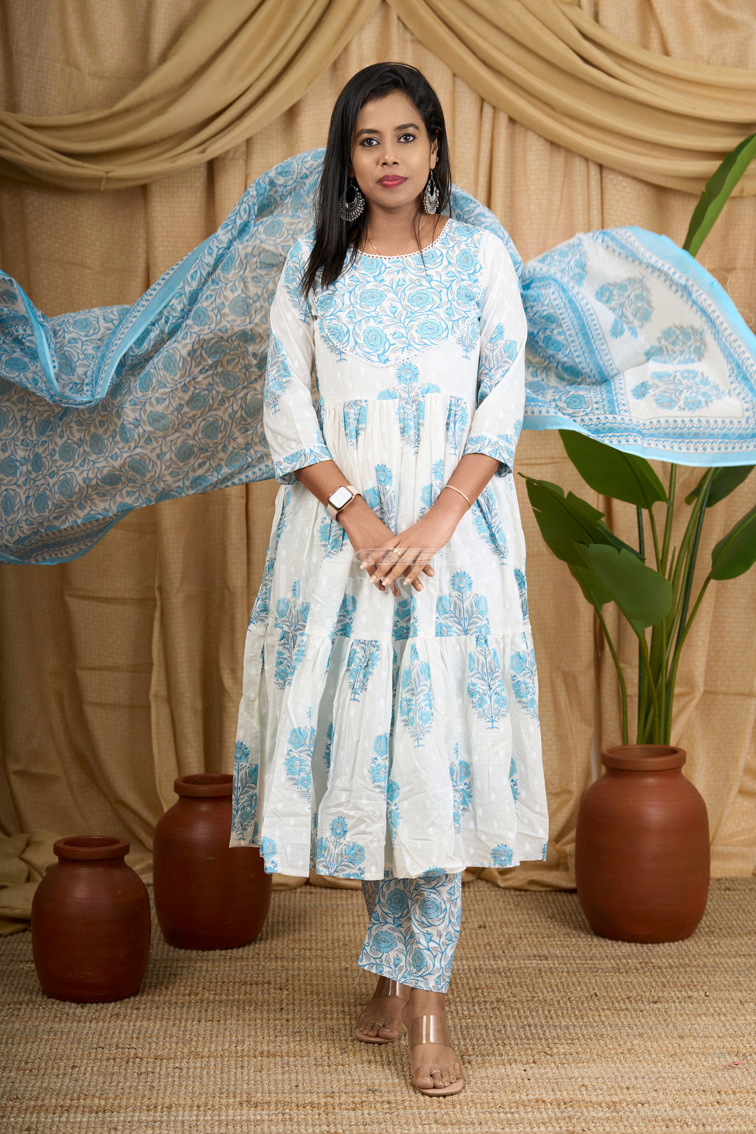 Blue Jaipuri Cotton Flared Kurti Suit Set with Teal Floral Pattern and Coordinated Bottom for Women