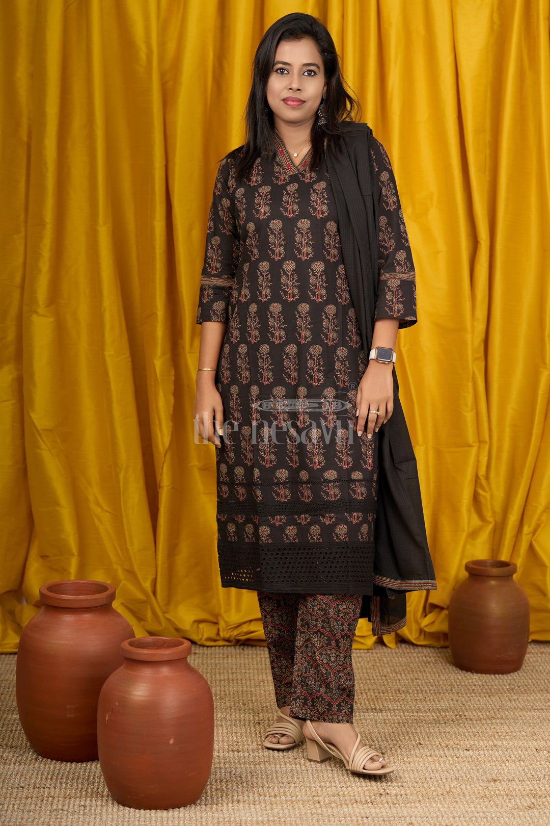 Blue Ajark Printed Cotton Straight Suit Set with Embroidery and Matching Printed Bottom for Women