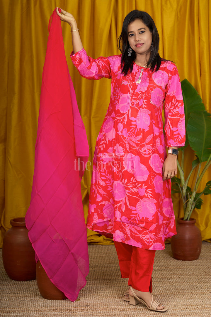 WTH04A Pink Viscose Muslin Silk Flared Suit Set with Sequin Embellished Neckline and Floral Print for Women