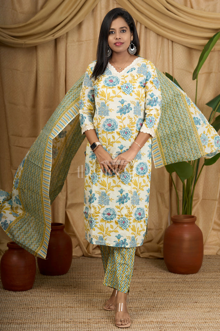 Green Cotton Slub Printed Straight Suit Set for Women with Floral Design