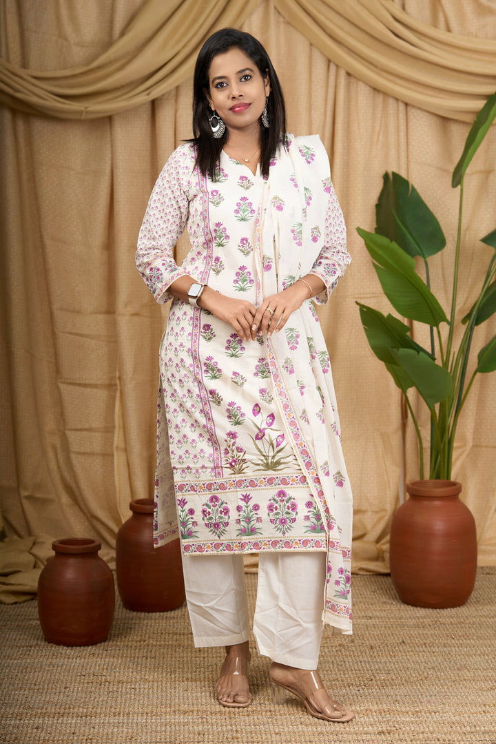 Purple Floral Print Mul Cotton Women's Straight Suit Set with Dupatta