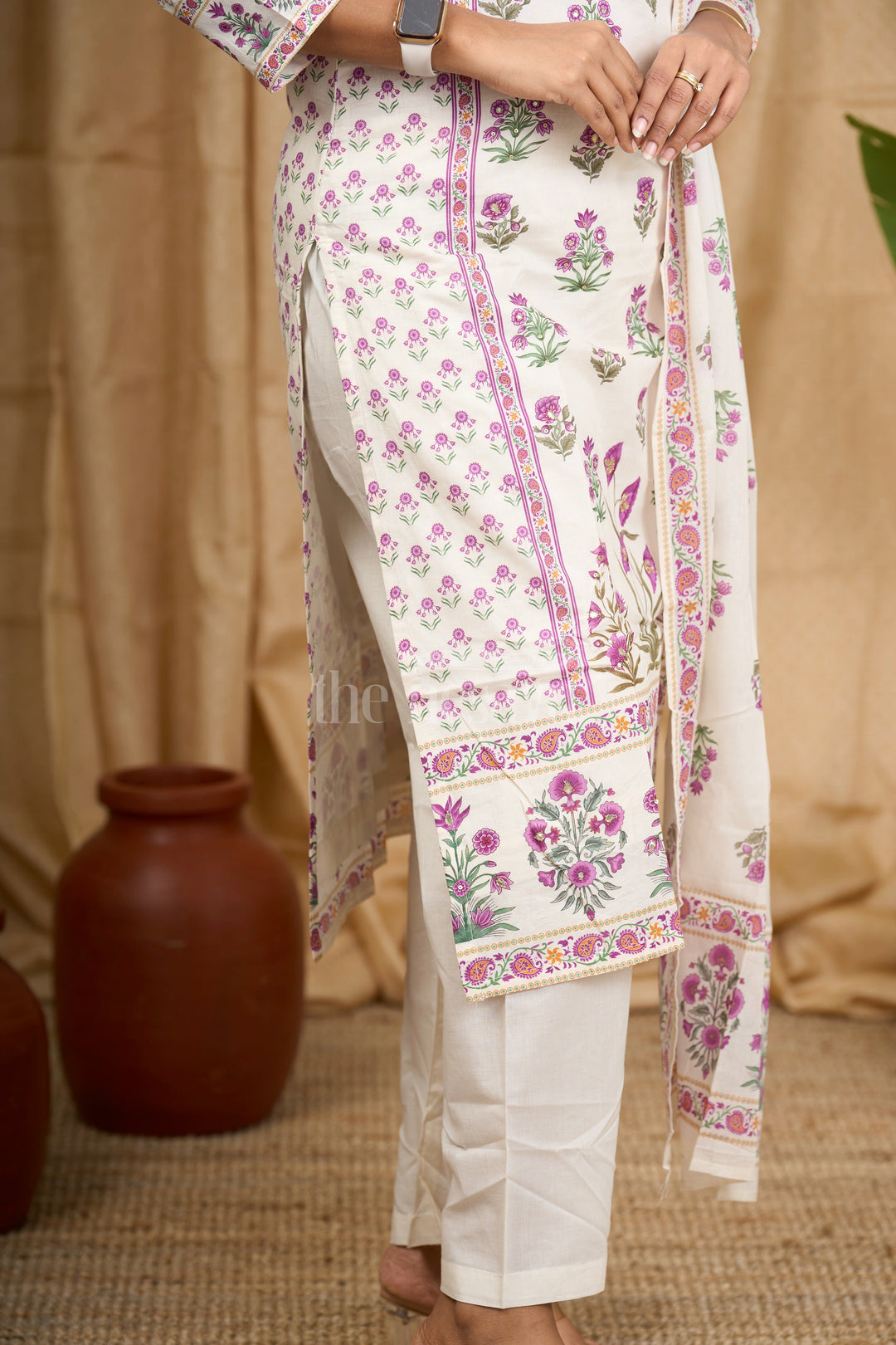 Purple Floral Print Mul Cotton Women's Straight Suit Set with Dupatta