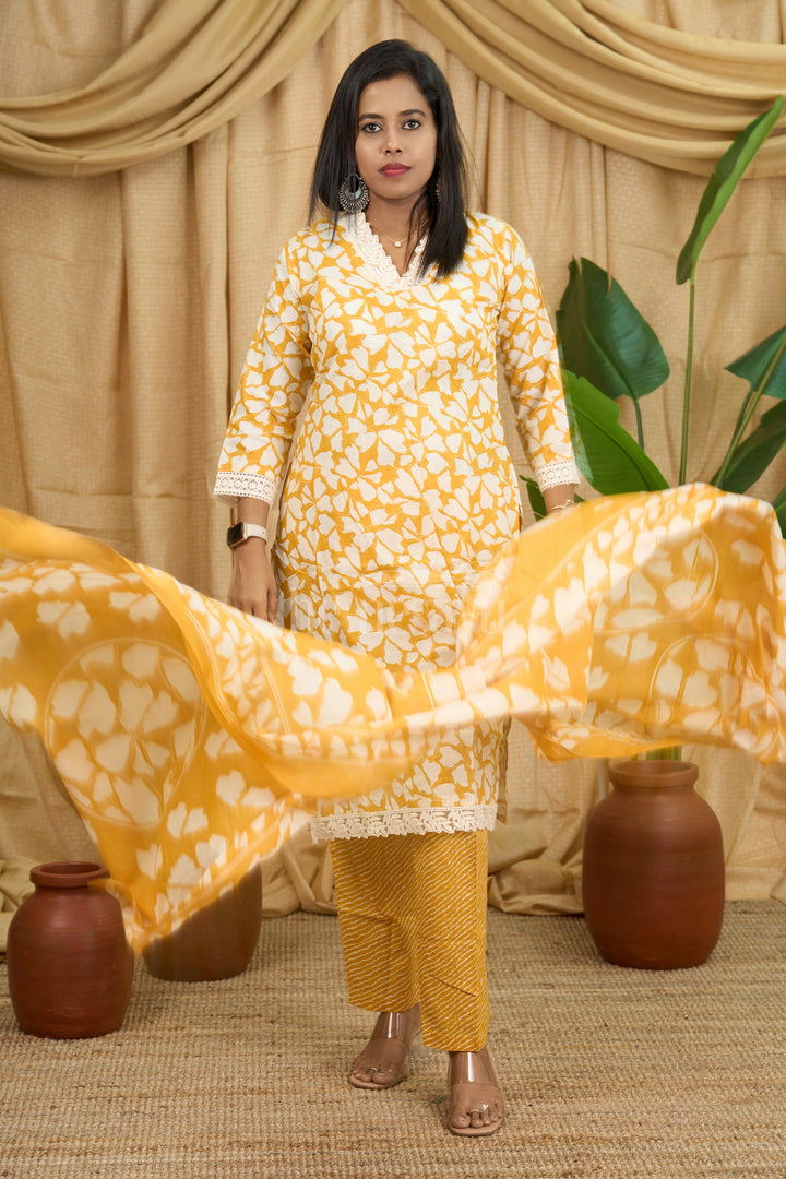 Mustard Yellow 3-Piece Cotton Straight Suit with Embroidered Neckline