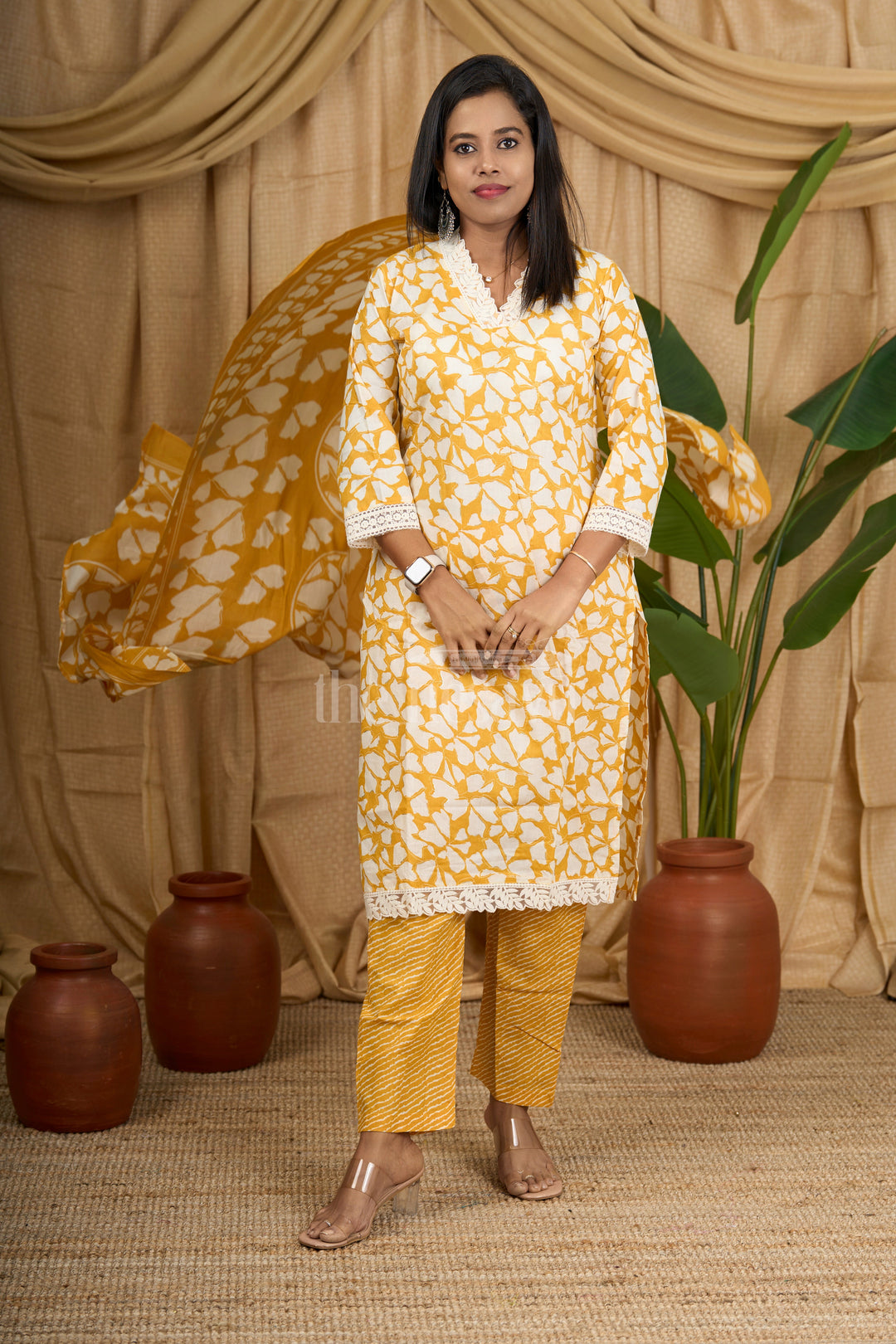 Mustard Yellow 3-Piece Cotton Straight Suit with Embroidered Neckline