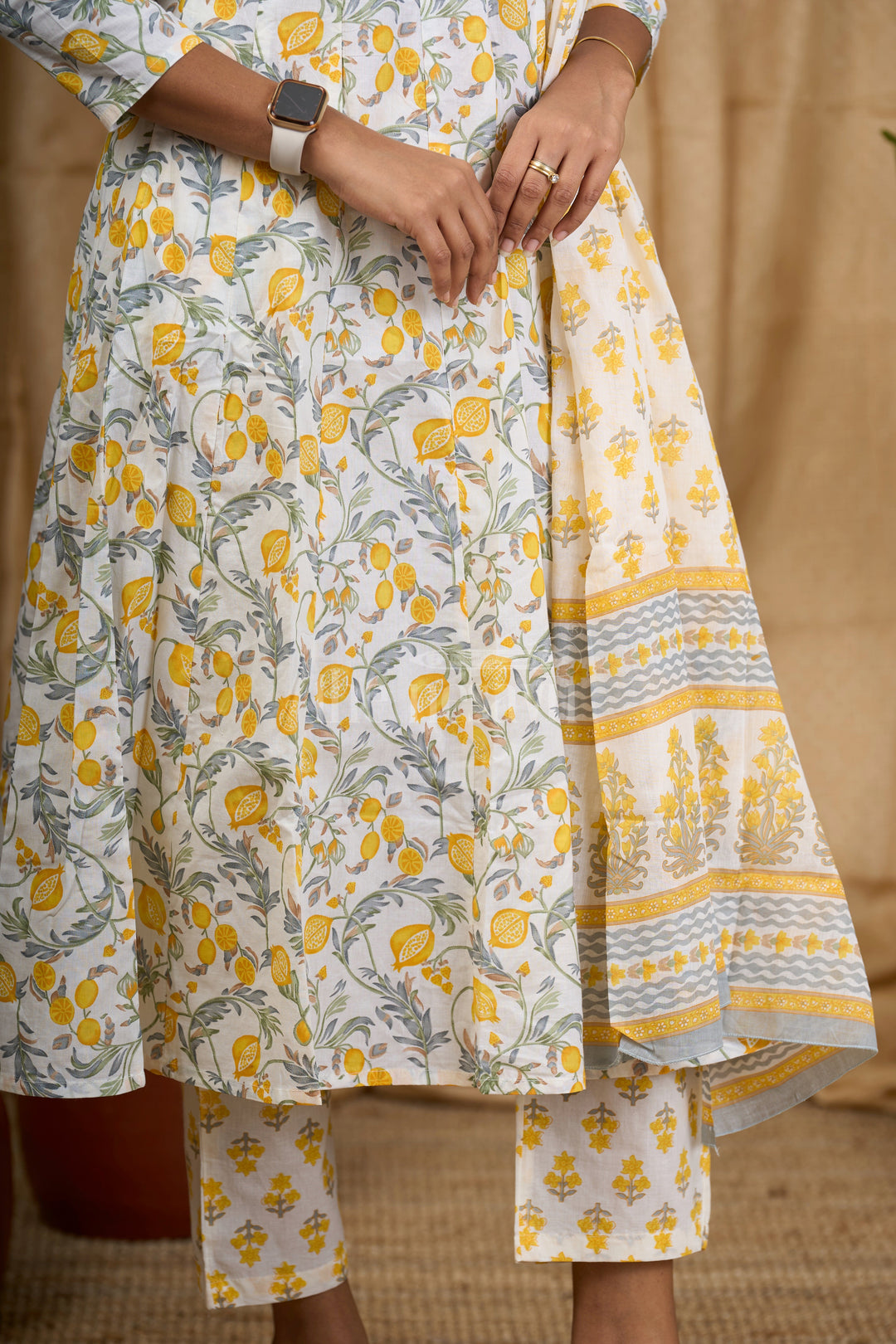 Yellow Anarkali Set with Floral Print and Embroidered Dupatta