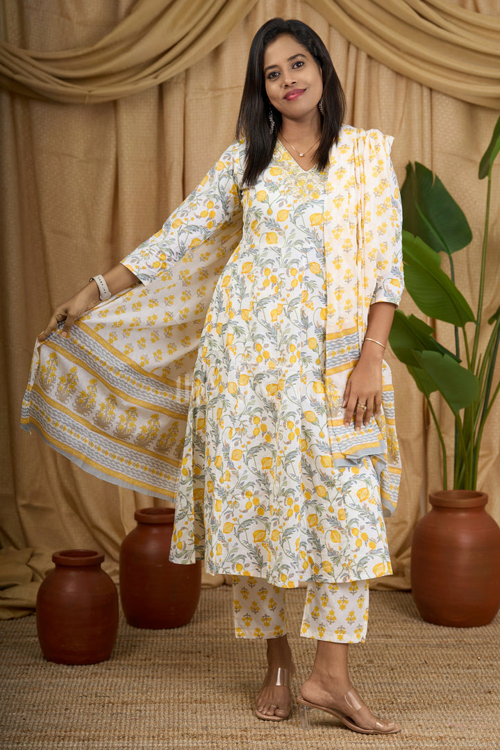 Yellow Anarkali Set with Floral Print and Embroidered Dupatta